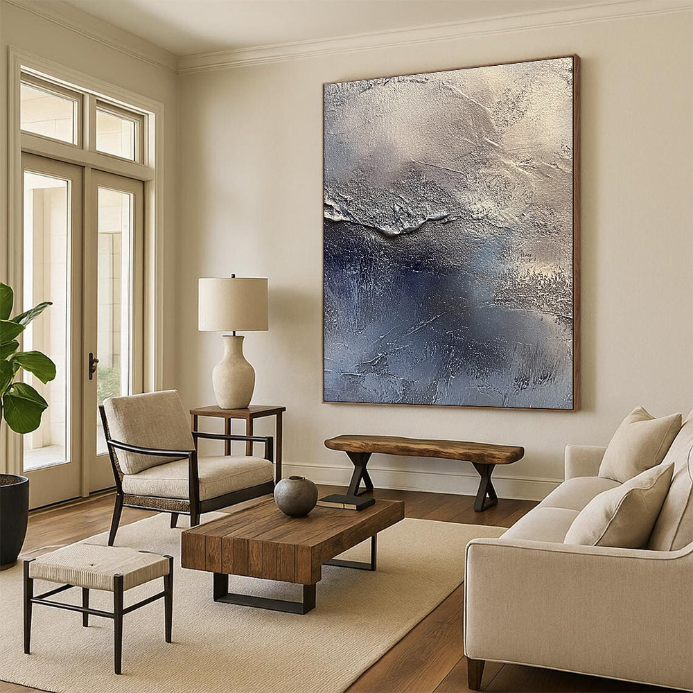Silver and Blue Textured Abstract Painting with Metallic Tones GER066