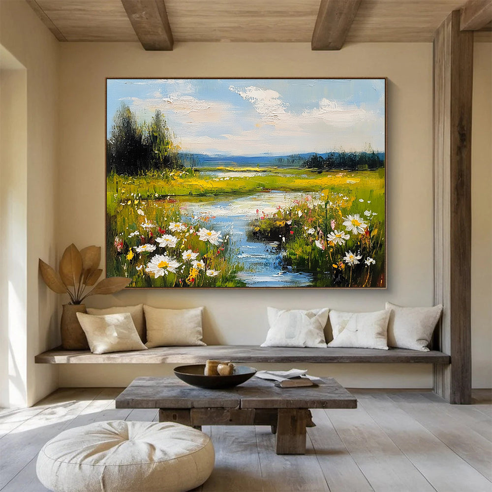 Flower - Filled River Valley Impressionistic Abstract Painting with Bright Colors DYP594
