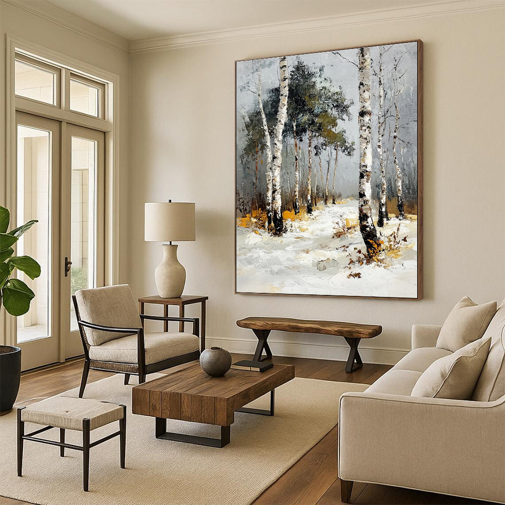 Abstract oil painting of a birch forest in winter featuring thick impasto strokes with snow-dusted birches and pines under a grey sky.STSC1382