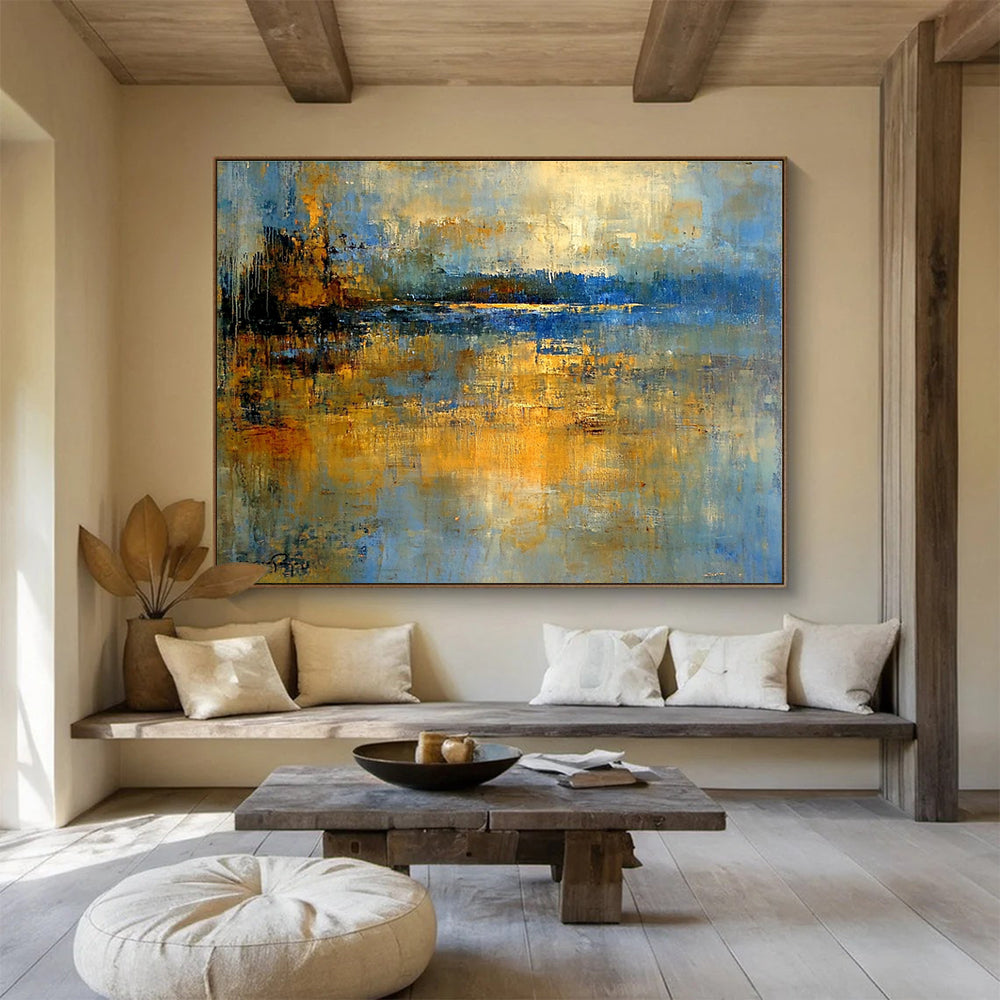 Abstract Lake Landscape Painting with Blue and Gold Tones DYP519