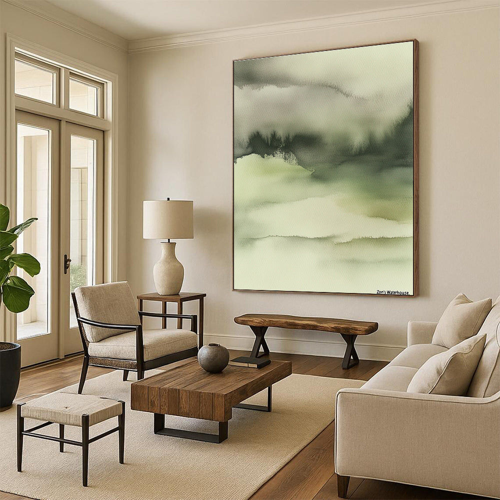Large abstract painting in muted tones featuring soft dreamy colors and blurred edges with intricate details in ink wash style on a beige background.STSC068