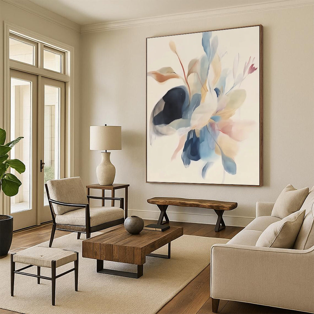 Abstract painting featuring soft watercolor in pastel colors with minimalistic floating bird wings and flowers on a white background.STSC482