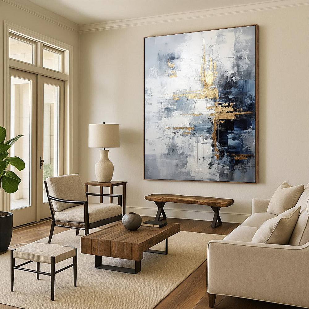 Gray - Gold Abstract Composition Painting with Dynamic Brushstrokes ADGE453