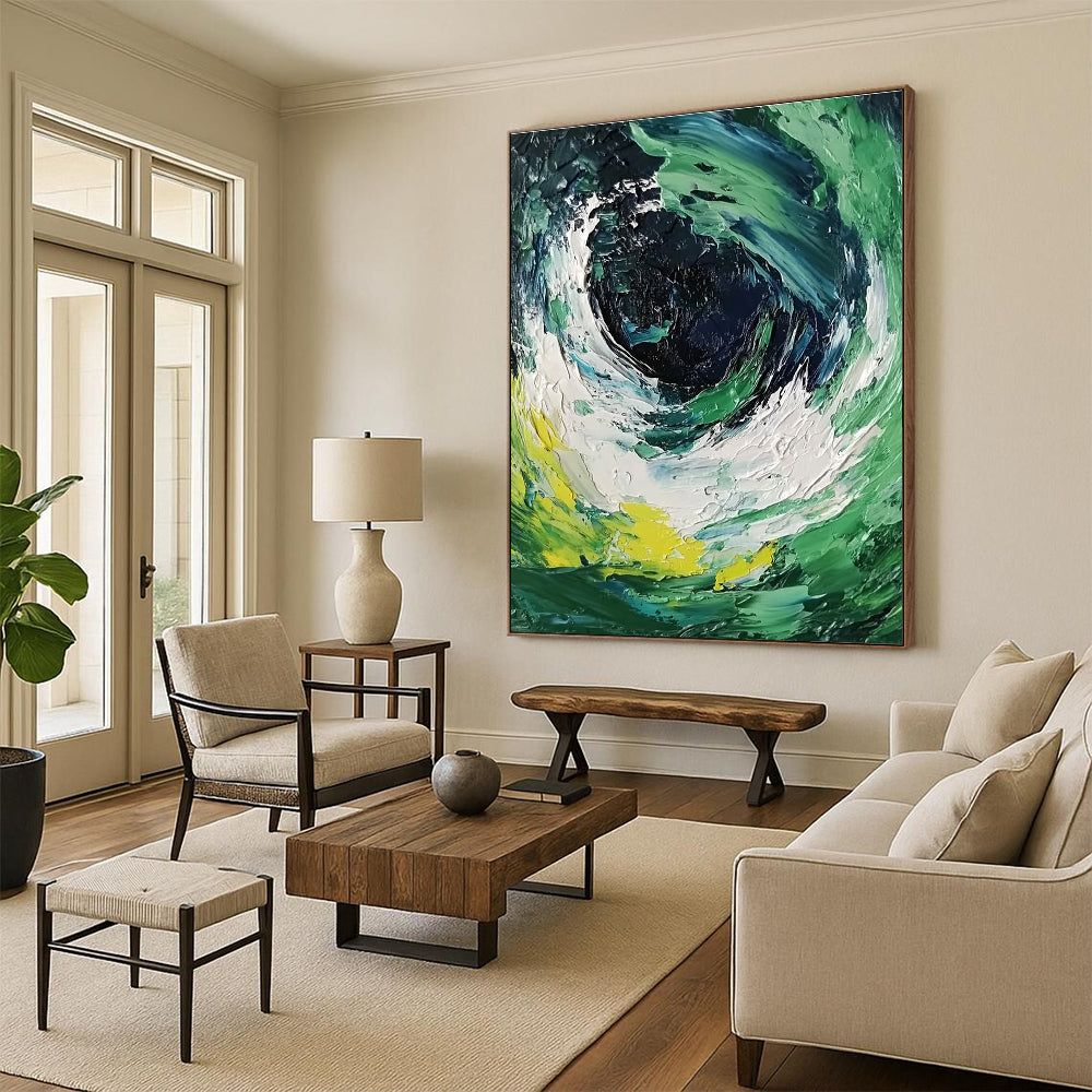 Green Blue and White Swirl Abstract Painting with Dynamic Textures GER070