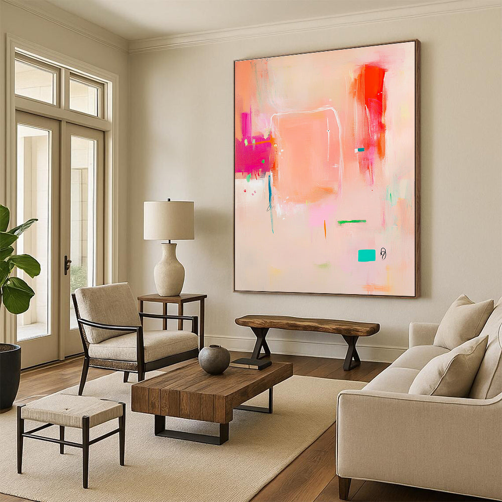 Abstract painting in pink white and orange with soft lines on beige featuring joyful elements a colorful central square and an empty text space.STSC689