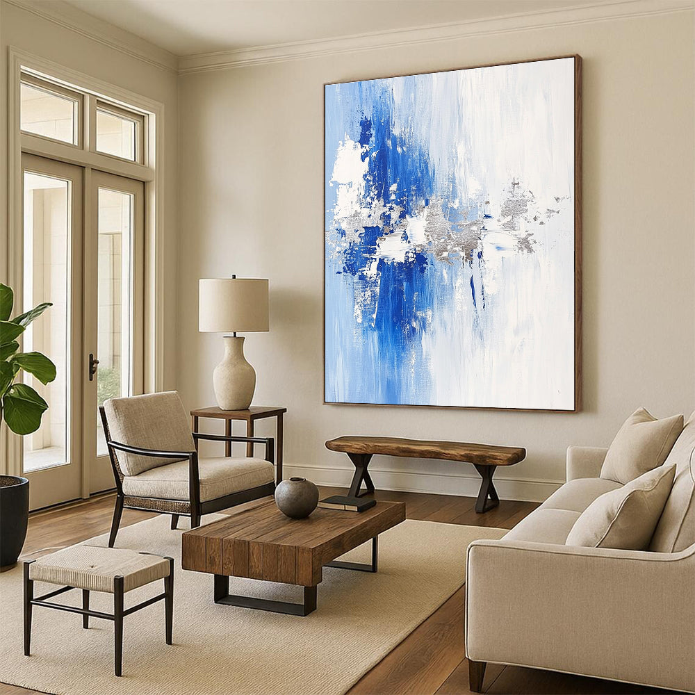Blue and Silver Abstract Painting with Subtle Textures GER391