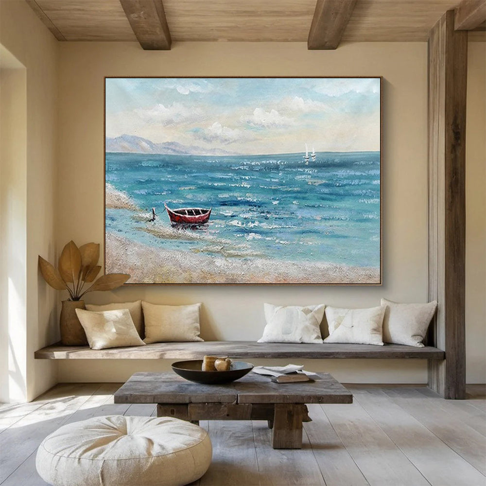 Seaside Boat Abstract Painting with Blue, Red, and White Tones THY224