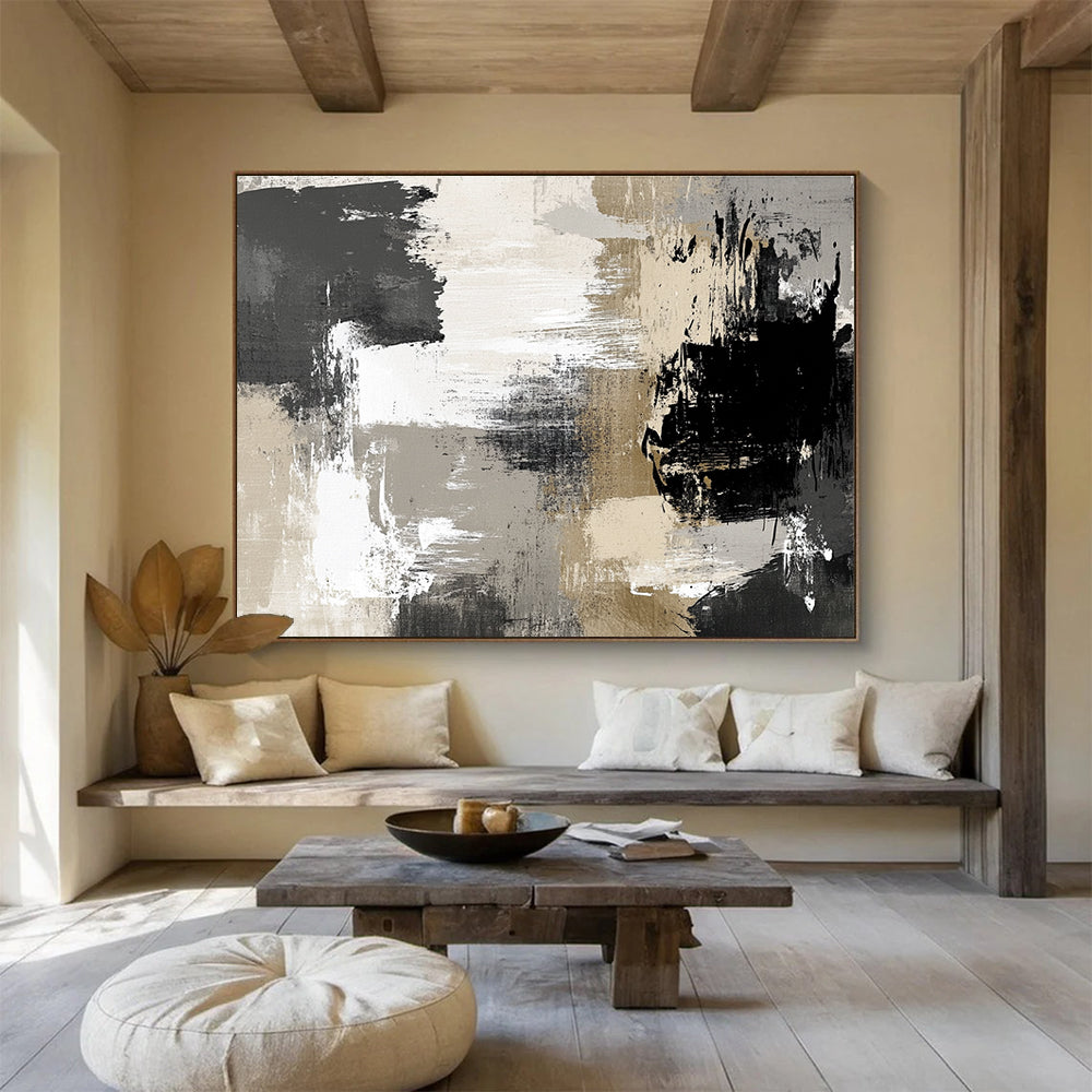 Large abstract painting in neutral gray beige and black tones featuring soft brushstrokes and elegant shapes perfect for contemporary home decor.SC507