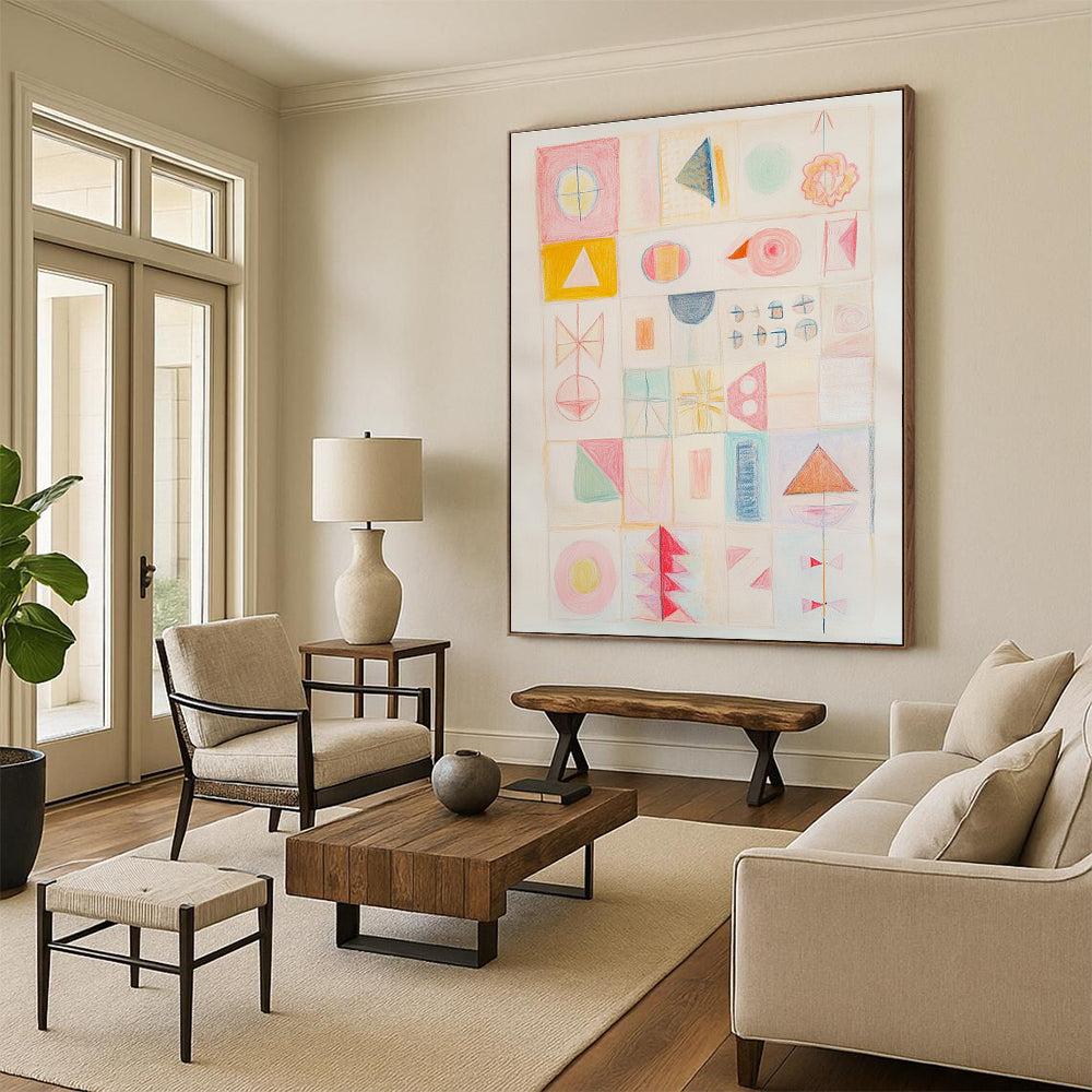 Large abstract painting in soft pastels featuring geometric shapes vibrant pink tones and lively details capturing strong contrasts and emotions on a white background.STSC985