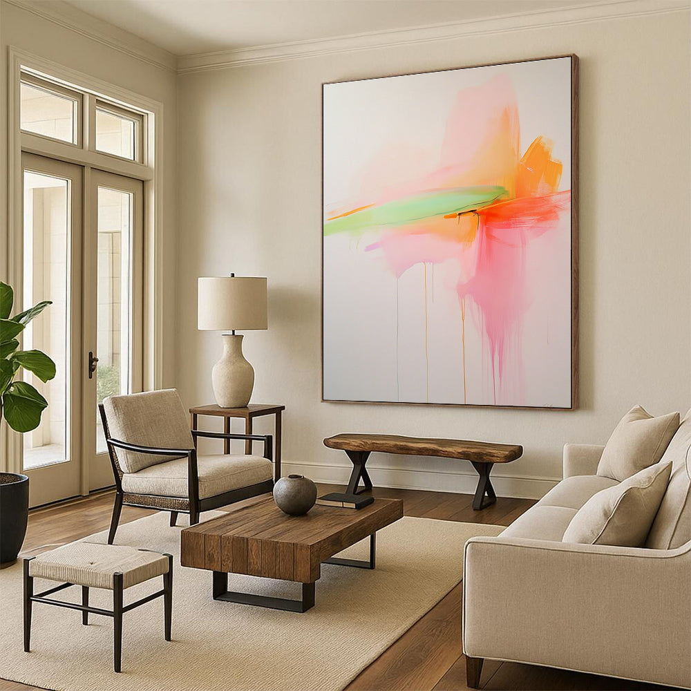 Large abstract painting with soft pink orange and green hues on a white background in minimalistic style inspired by Priscilla Creedman.STSC797