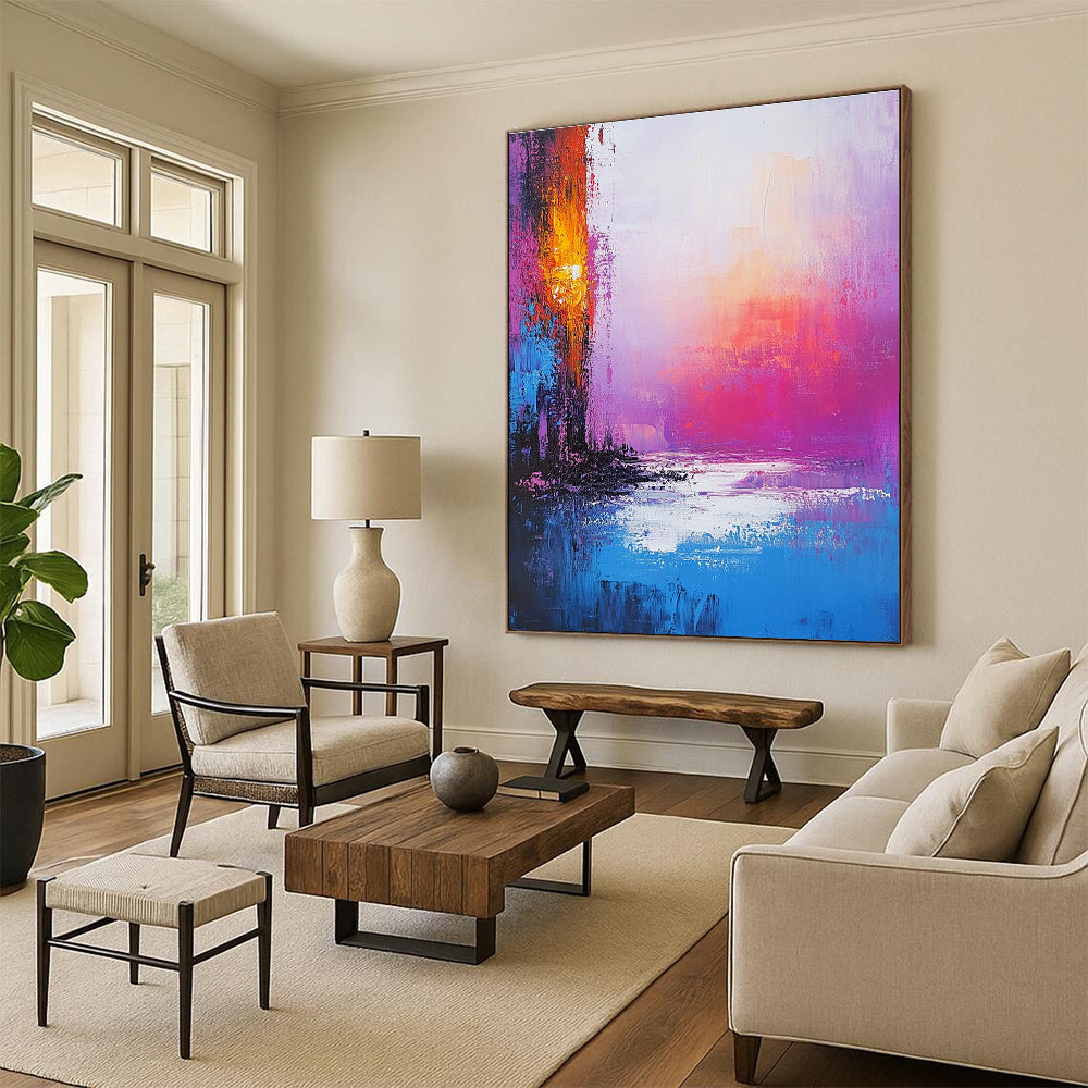Large abstract painting of an iridescent ocean with pink purple and blue hues featuring a golden portal and a serene sunset ambiance.STSC261