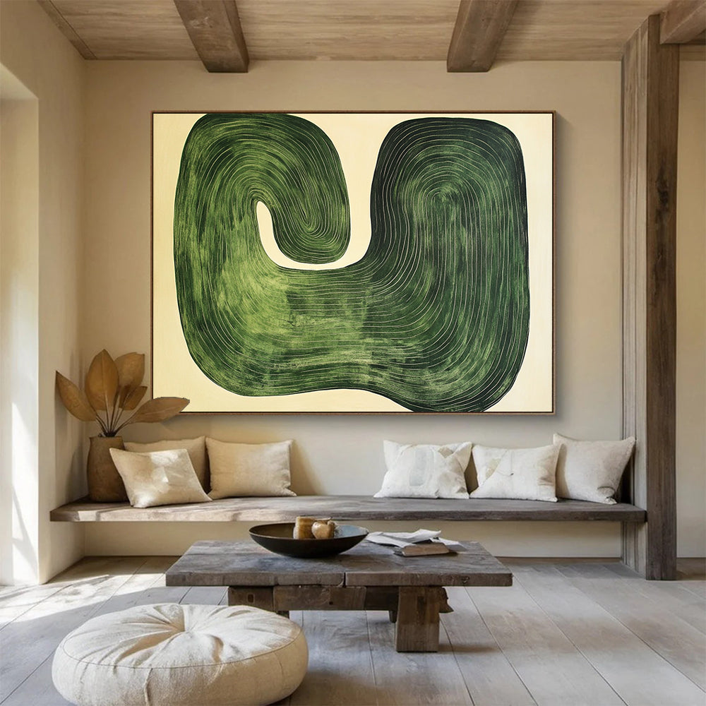 Green Curved Lines Abstract Painting with Organic Shapes DYP363