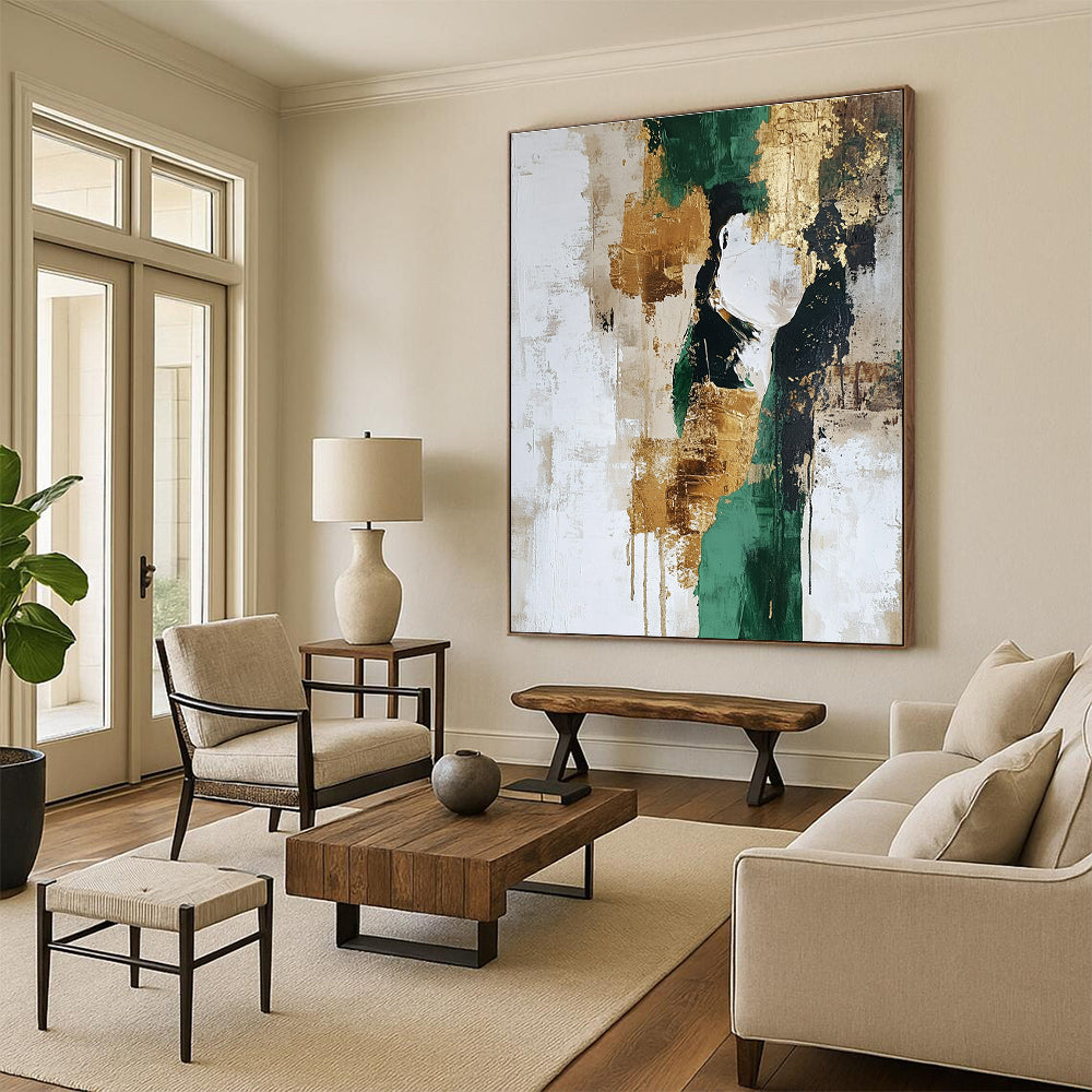 Green Gold Beige Abstract Painting with Opulent Textures GER539