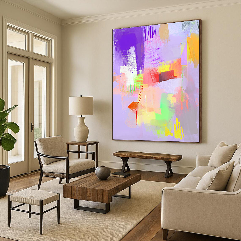 Large abstract painting features light pastel colors and joyful textures, creating an uplifting and aesthetically pleasing atmosphere.STSC545