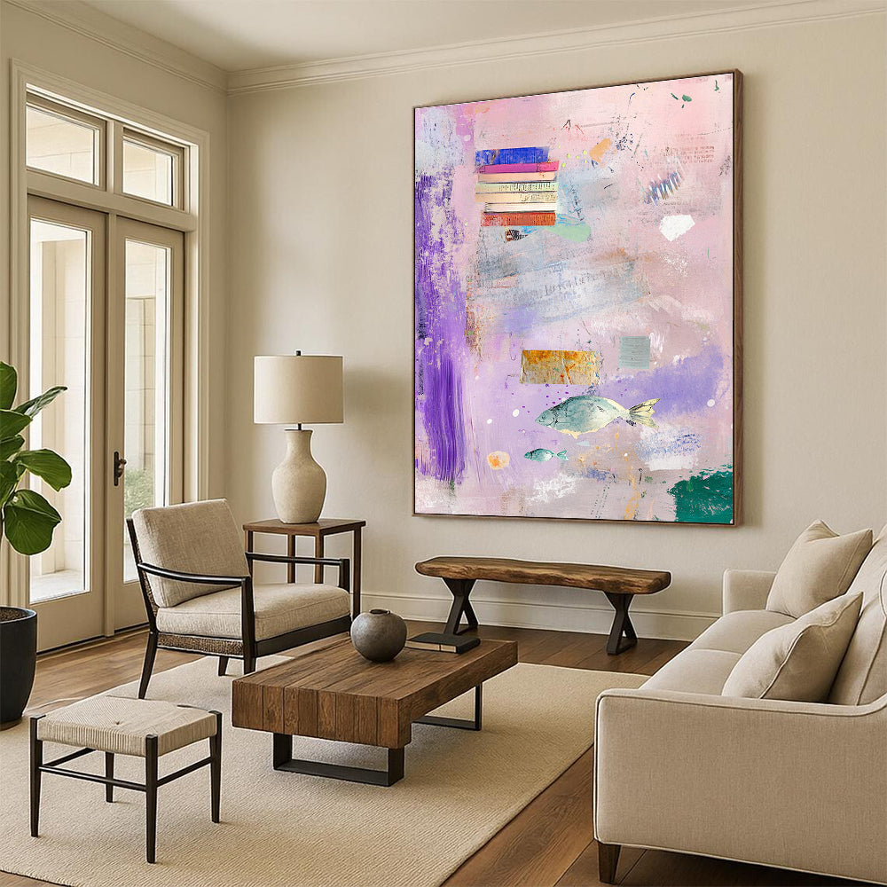 Abstract painting featuring a light pink background with pastel colors, books, feathers, and flying fish in hues of purple, blue, green, and yellow.STSC1041