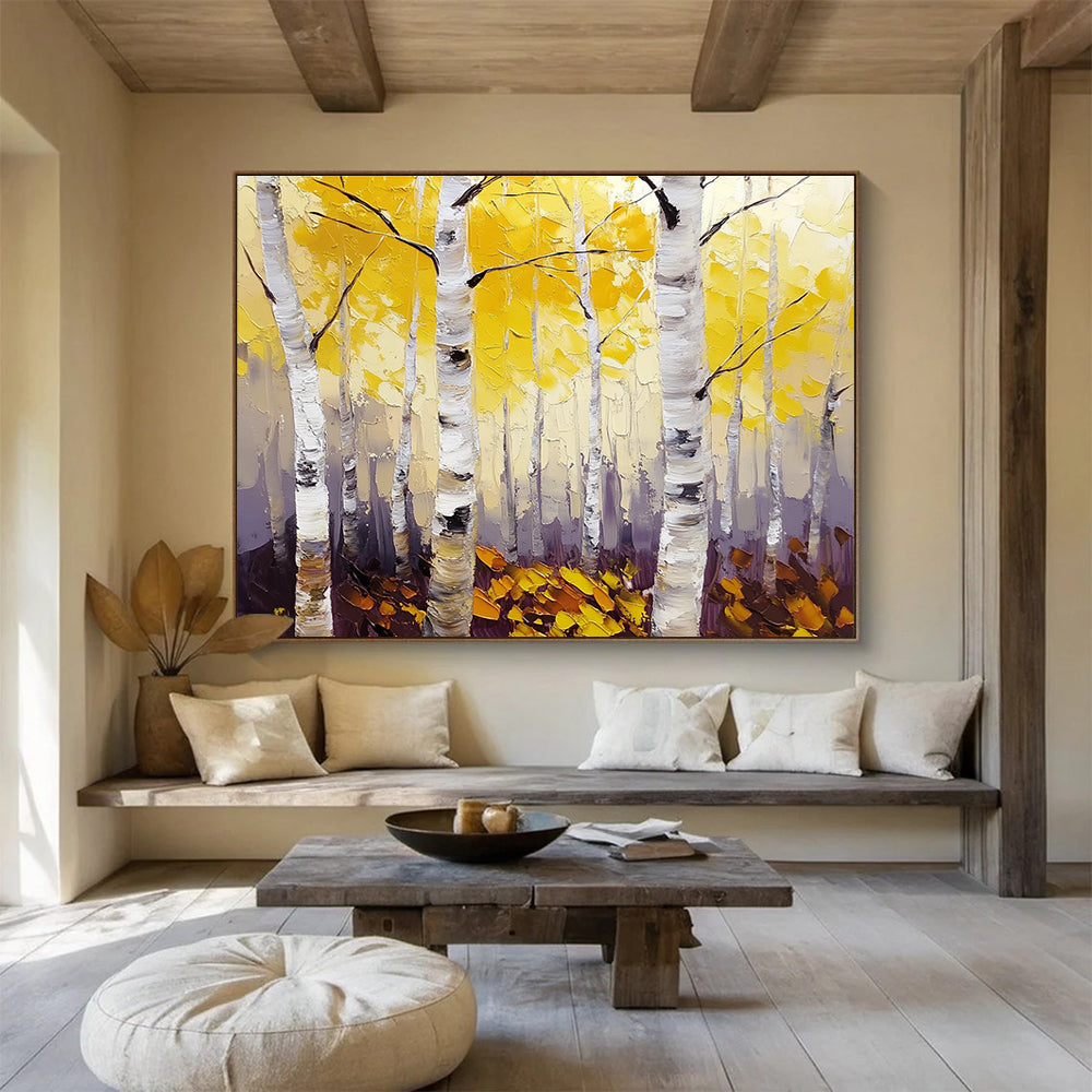 Large abstract painting of birch trees with vibrant yellow leaves featuring textured palette knife details and thick brush strokes on canvas.SC407