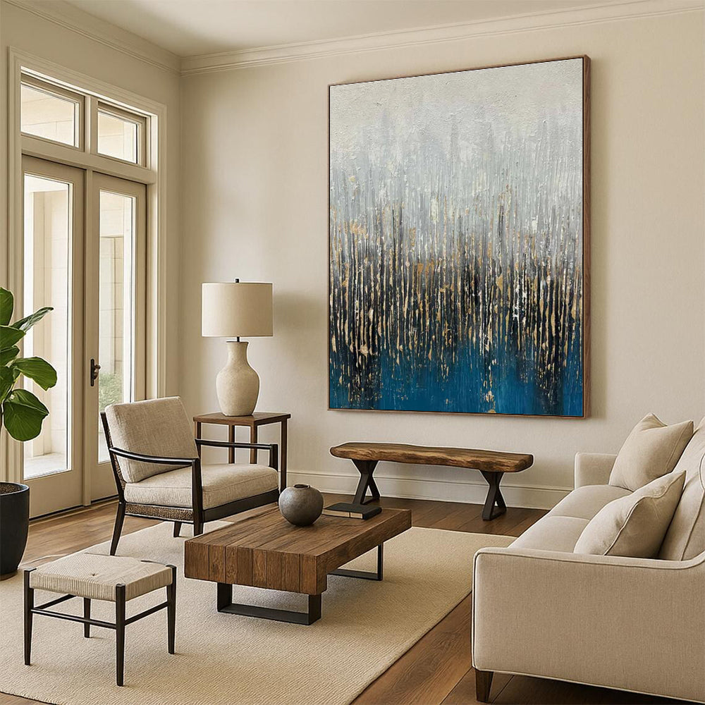 Blue, Gray, and Gold Textured Abstract Painting with Vertical Elements ADGE406