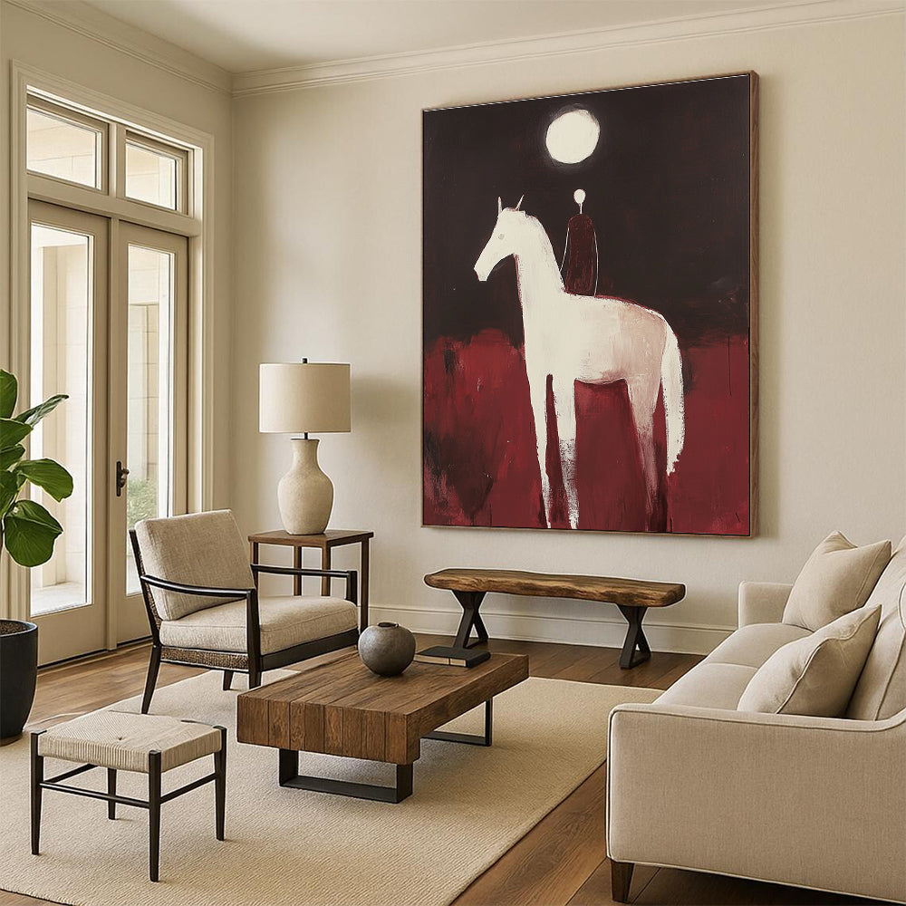 Large abstract painting of an Arabian horse and rider with minimalist forms against a dark red background illuminated by a full moon.STSC572