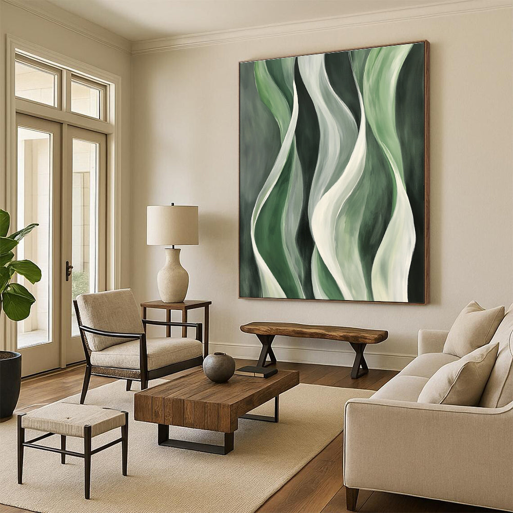 Green and White Wavy Abstract Painting on Dark Green GER241