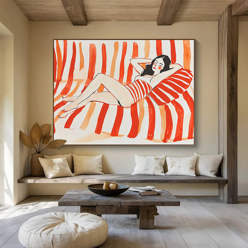 Woman Lounging on Stripes Abstract Painting with Red and White DYP164