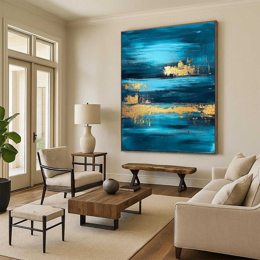 Deep Blue and Gold Abstract Painting with Layered Horizons GER375