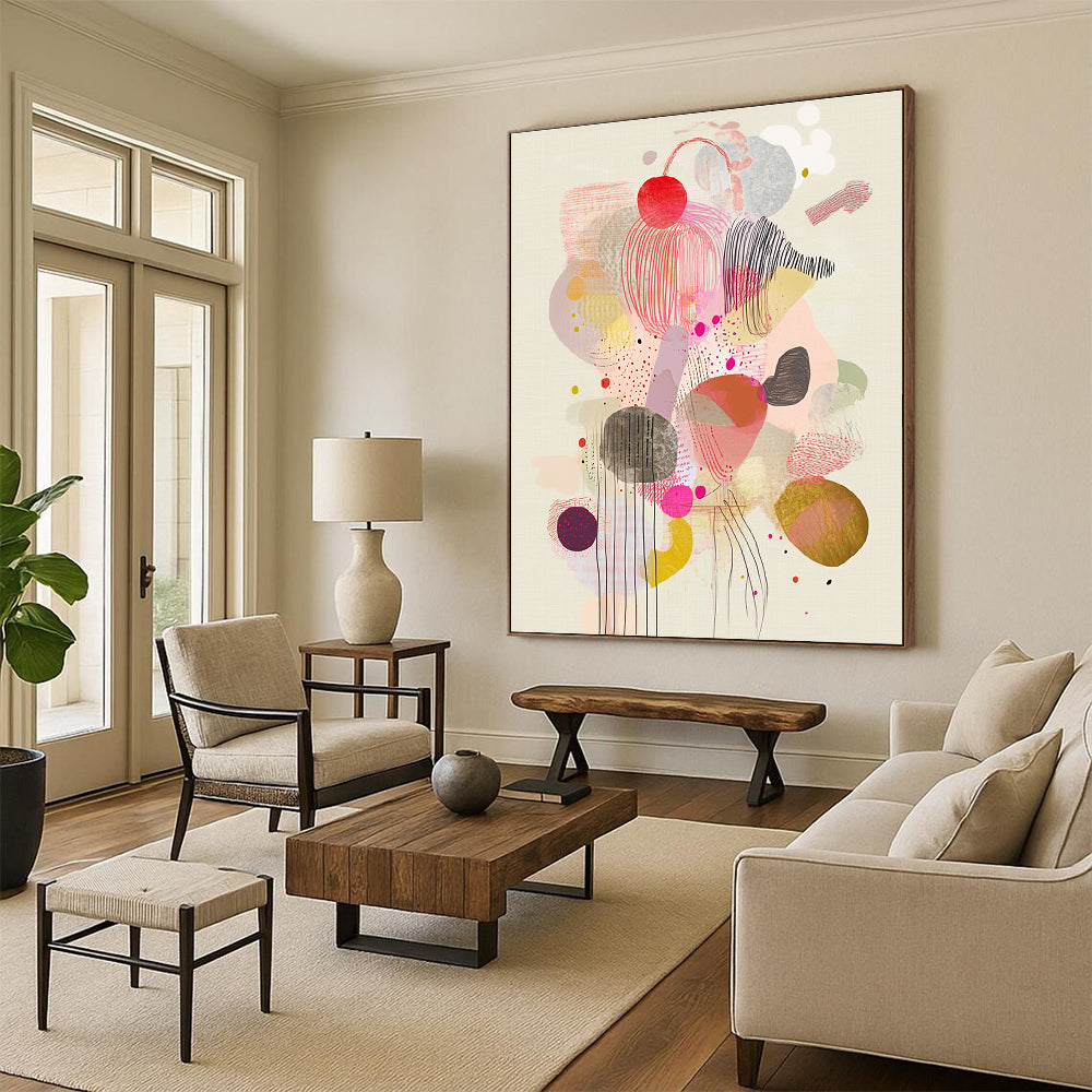 Large abstract artwork featuring whimsical floating shapes and patterns in soft pastels, showcasing bubbles ribbons and organic forms for playful visual depth.STSC1234