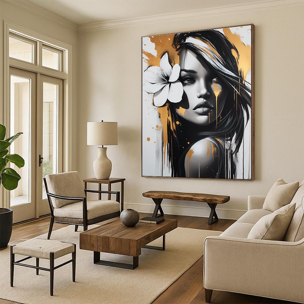 A stunning abstract painting featuring a beautiful woman with a white flower in her hair adorned with gold and silver paint splatters in FyaBeats style.STSC904