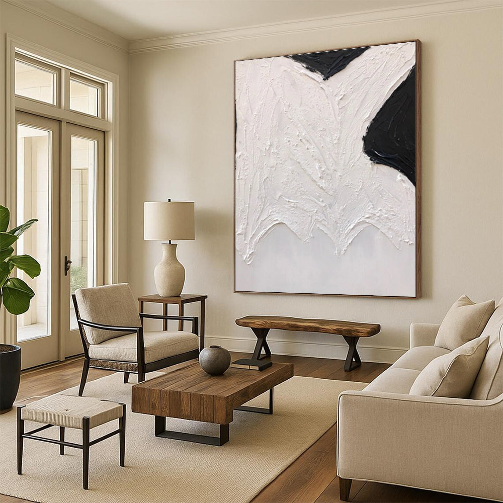 Black and White Textured Abstract Painting with Organic Shapes ADGE405