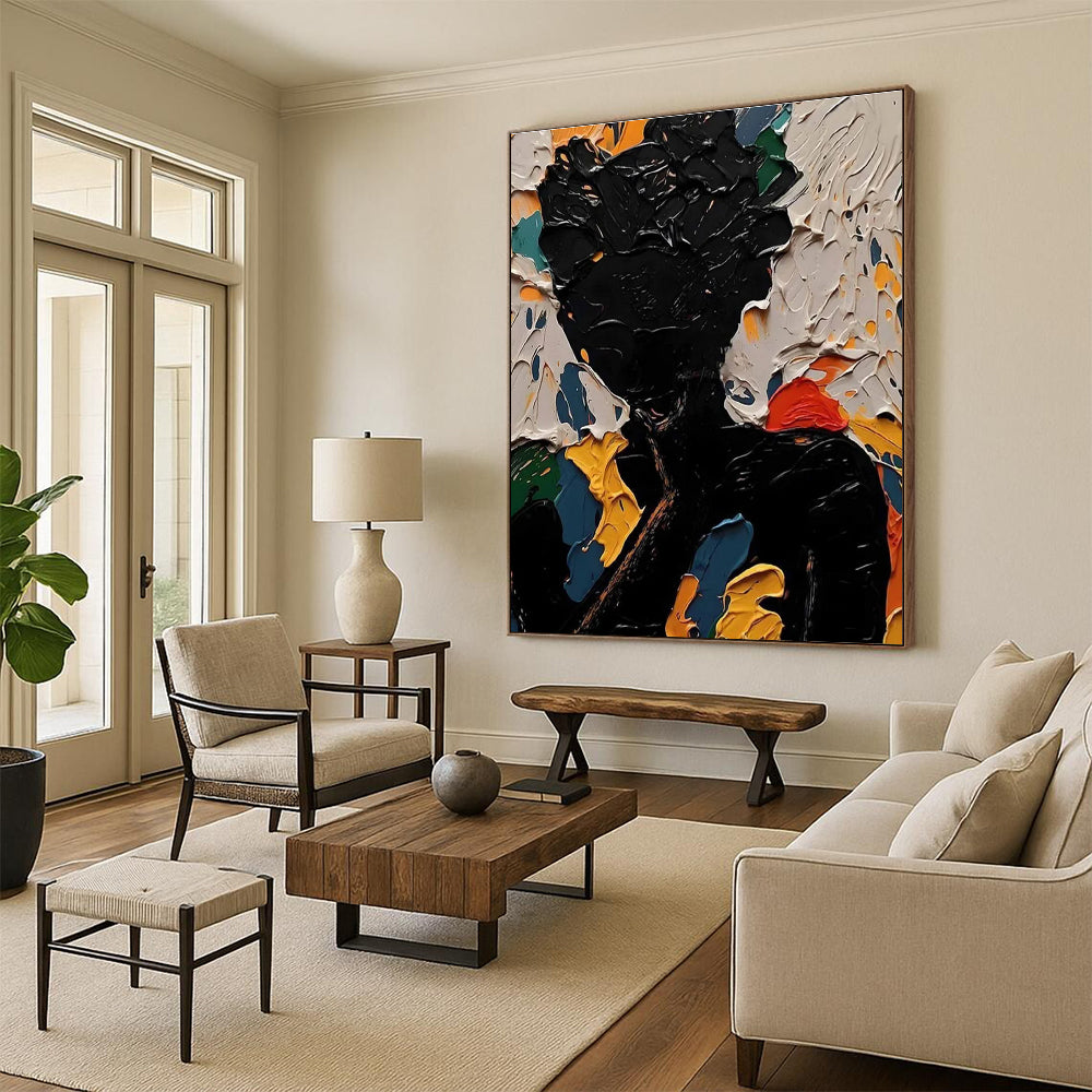 Black Figure Abstract Painting with Colorful Background Textures ADGE308