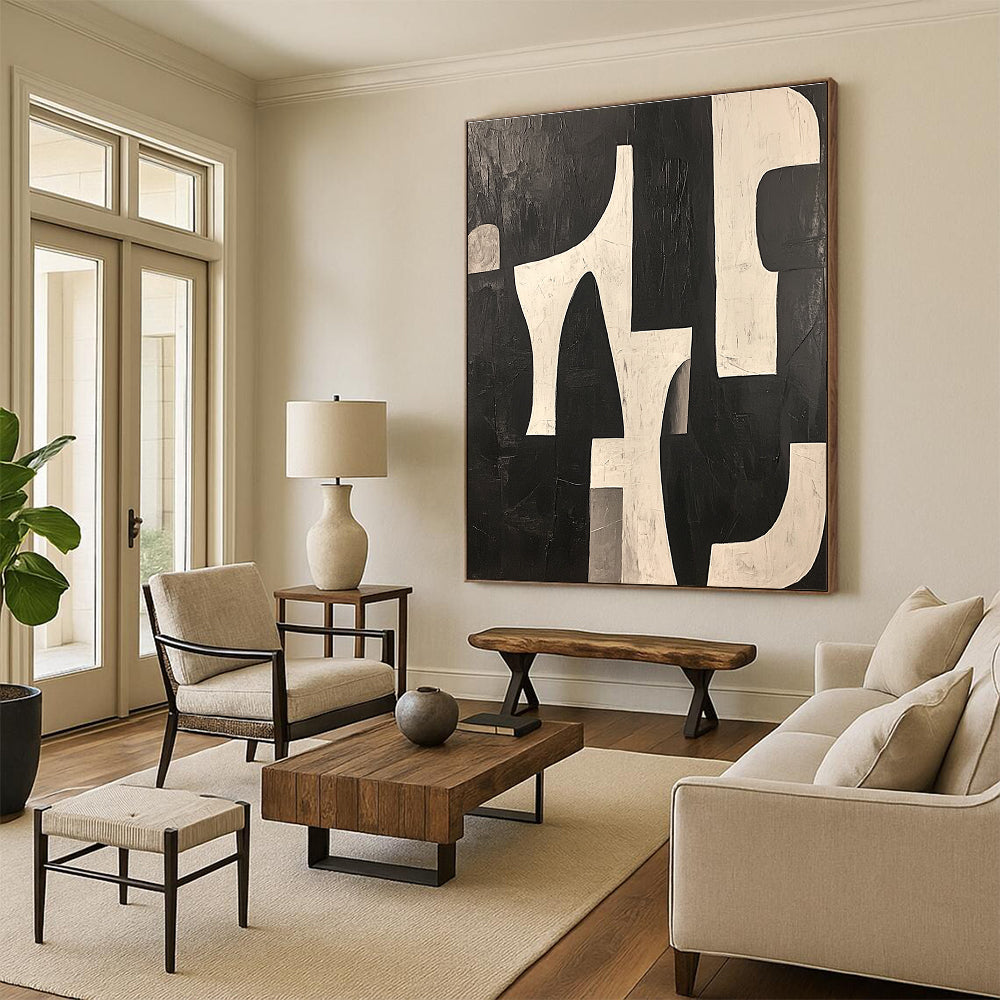 White Geometric Shapes Abstract Painting on Black GER243