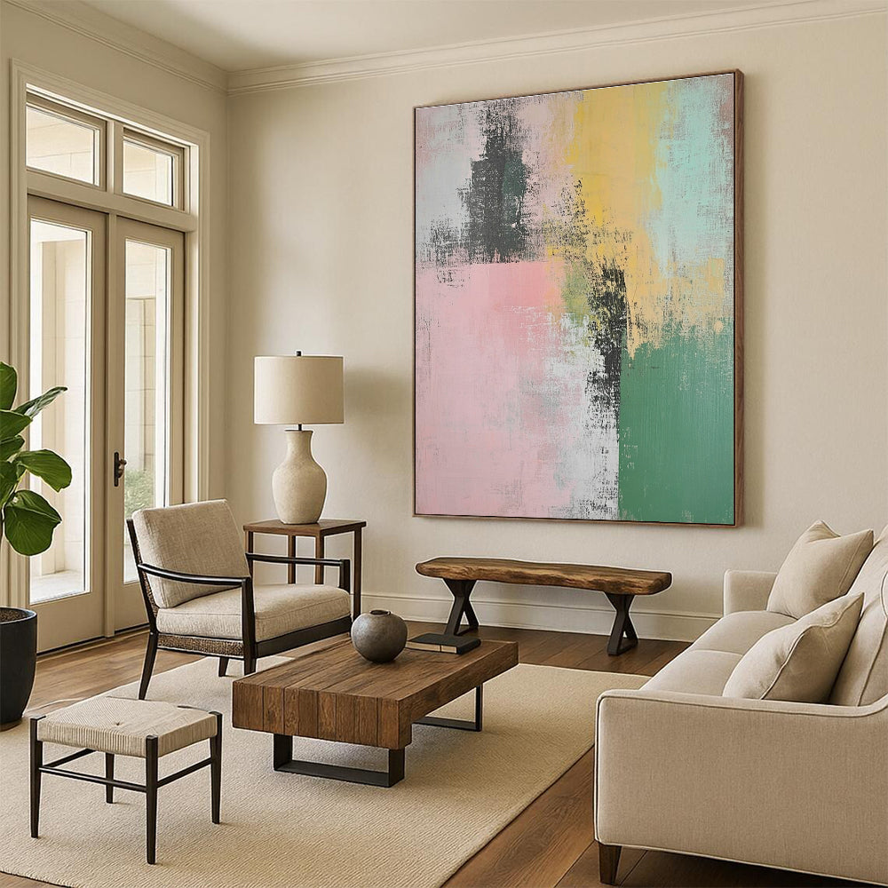 Large abstract painting featuring muted pastel greens pinks and yellows with organic brush strokes showcasing Paige Sessoms' poetry elegantly intertwined.STSC774