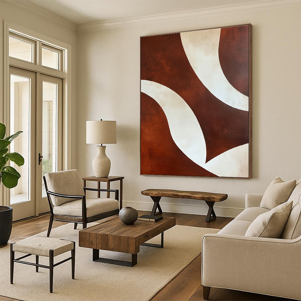 Brown and White Curved Shapes Abstract Painting with Smooth Lines GER030