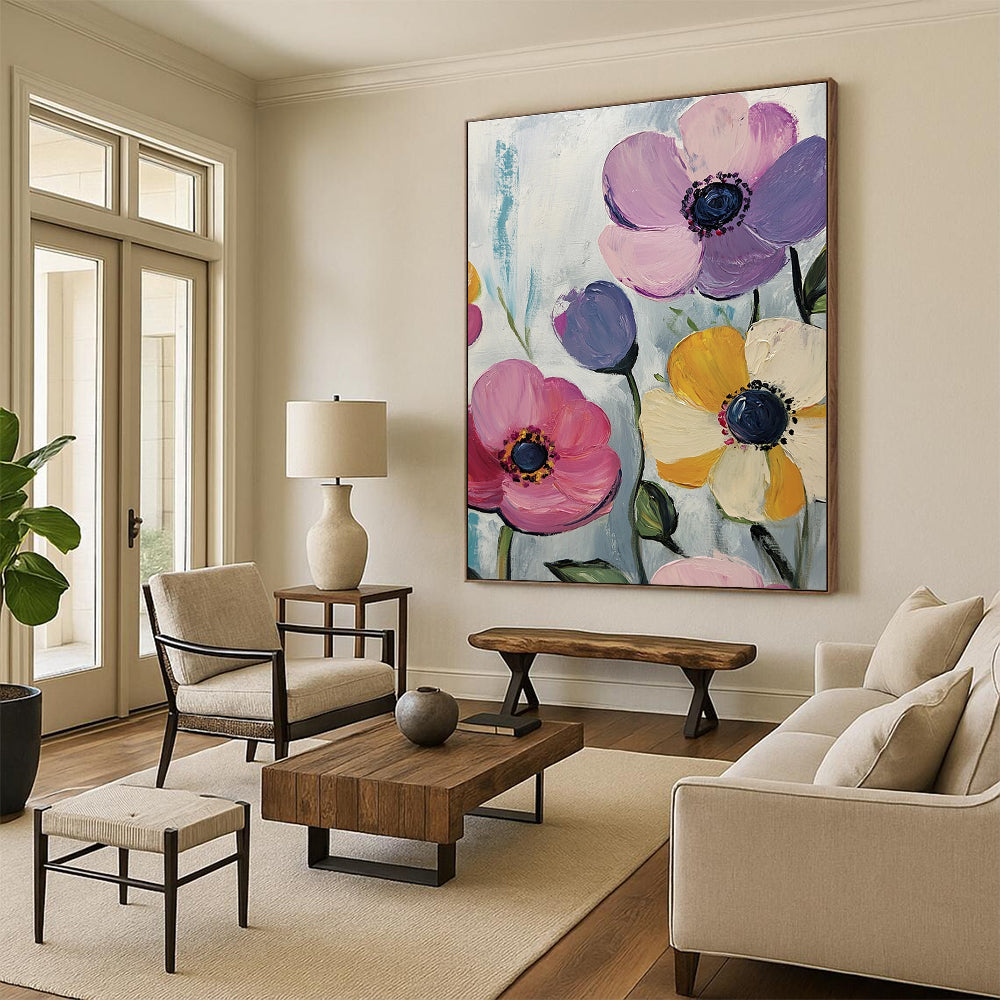 Large abstract painting features pink purple yellow flowers on a white background with blue-green and light gray brushstrokes in acrylic style.STSC999
