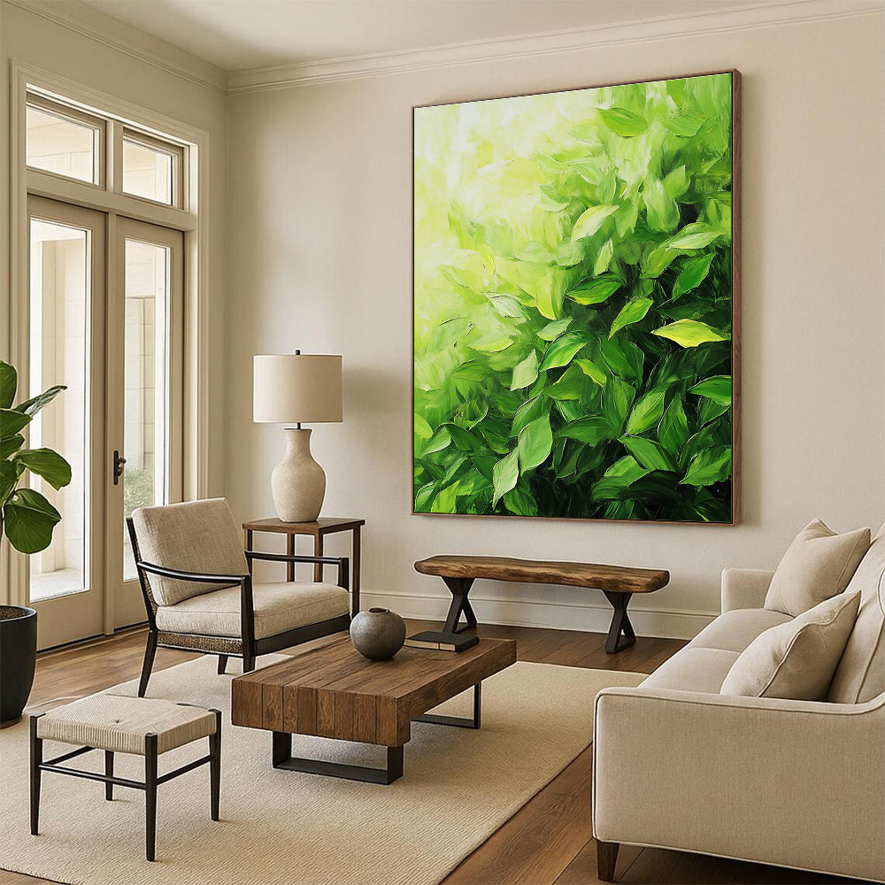 A large abstract painting of lush green tea leaves with thick brush strokes showcasing vibrant colors and dynamic composition.STSC1051
