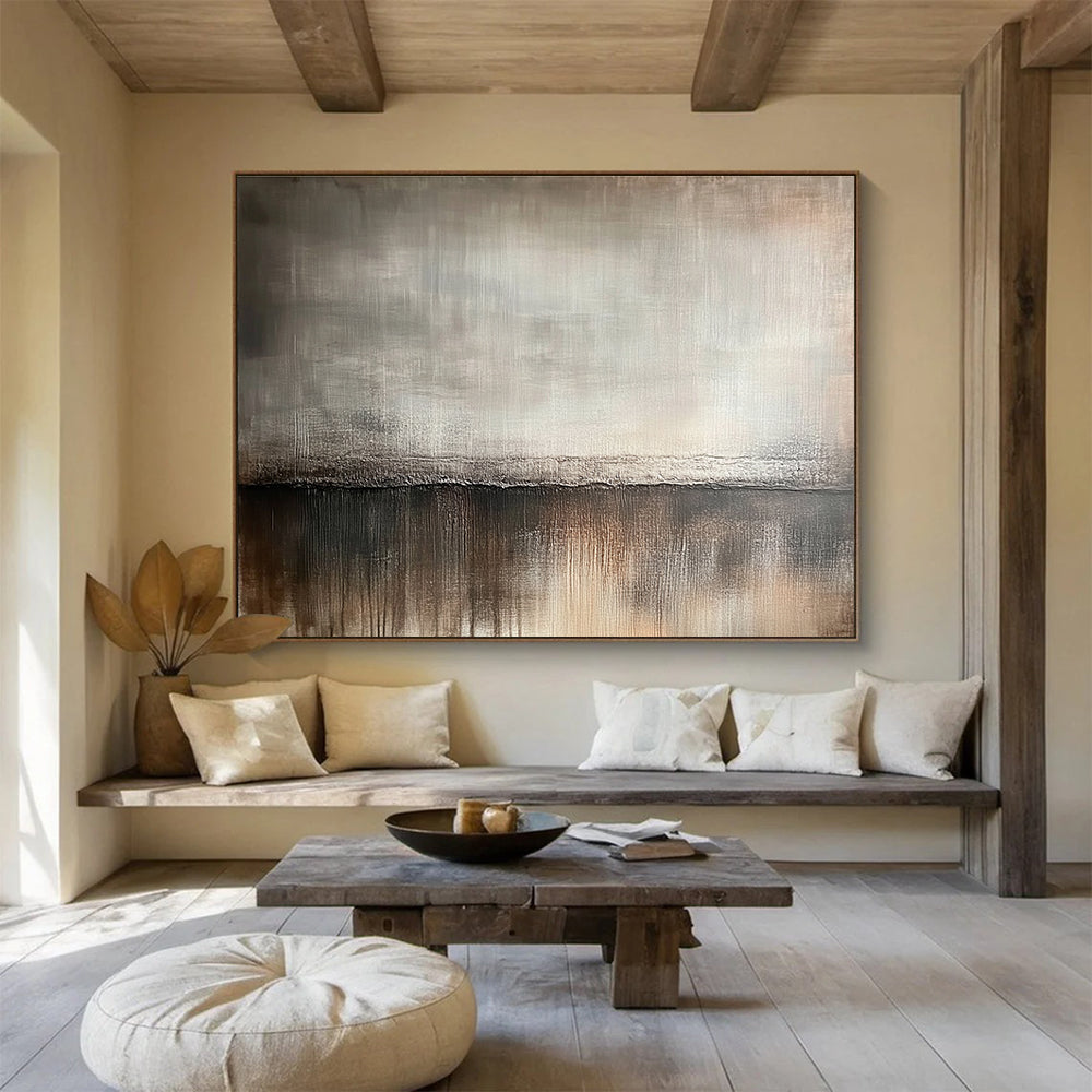 Large abstract painting featuring a muted gray and brown gradient background with soft brush strokes resembling vintage wood textures.SC534