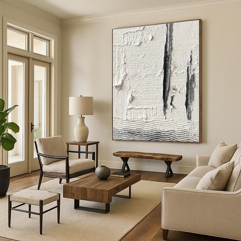 Textured White and Gray Abstract Painting with Vertical Elements ADGE371