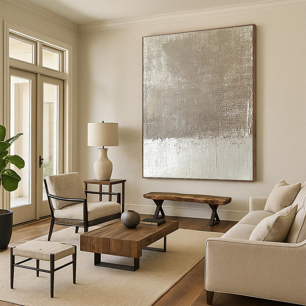 Abstract minimalist painting featuring an old wall with burlap fabric and tattered edges in muted beige and cream tones.STSC565