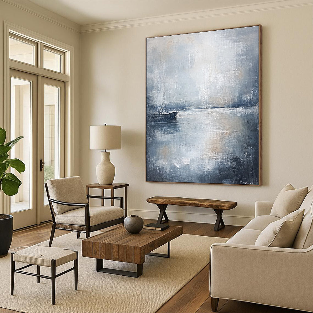Large abstract painting in muted gray and white tones with soft brushstrokes evoking calmness and serenity perfect for any space.STSC044