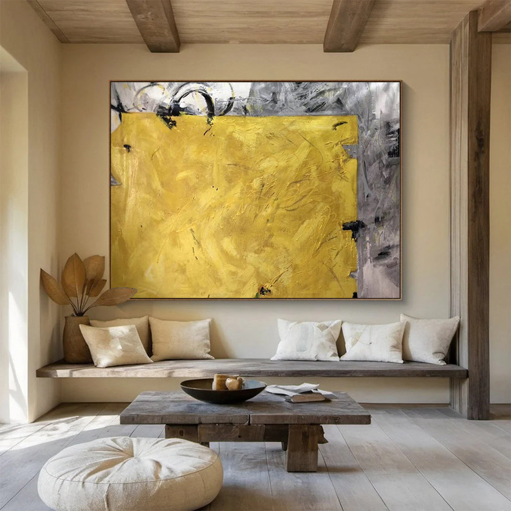 Bold Yellow Abstract Painting with Grey Accents THY153
