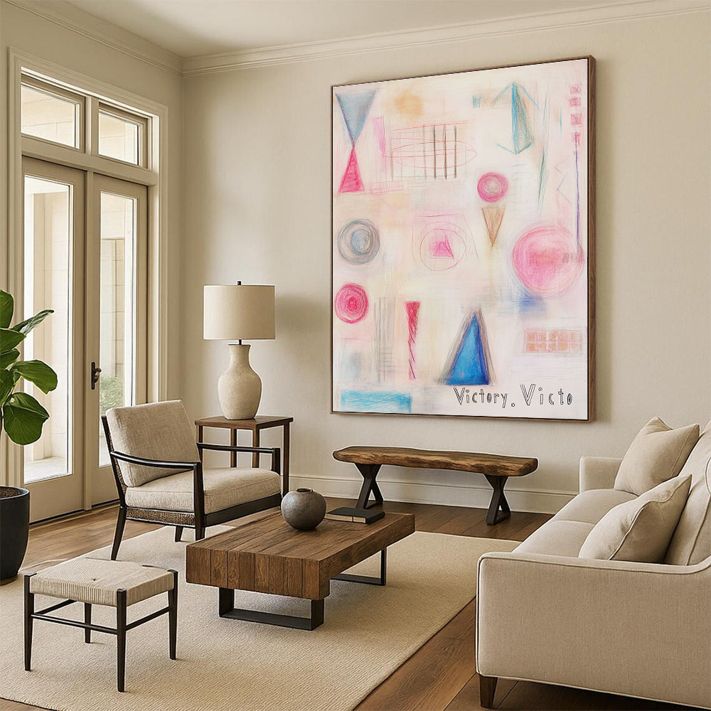 Large abstract painting featuring geometric and organic shapes in pink and blue with a soft texture and delicate color palette.STSC1205