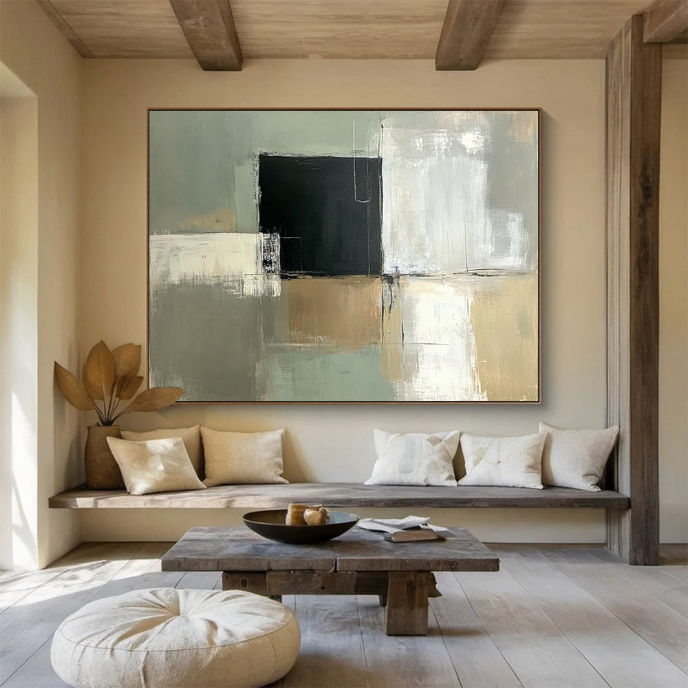 Large abstract painting featuring a pale green and white color scheme with a central black square and simple lines on a grey background.SC210