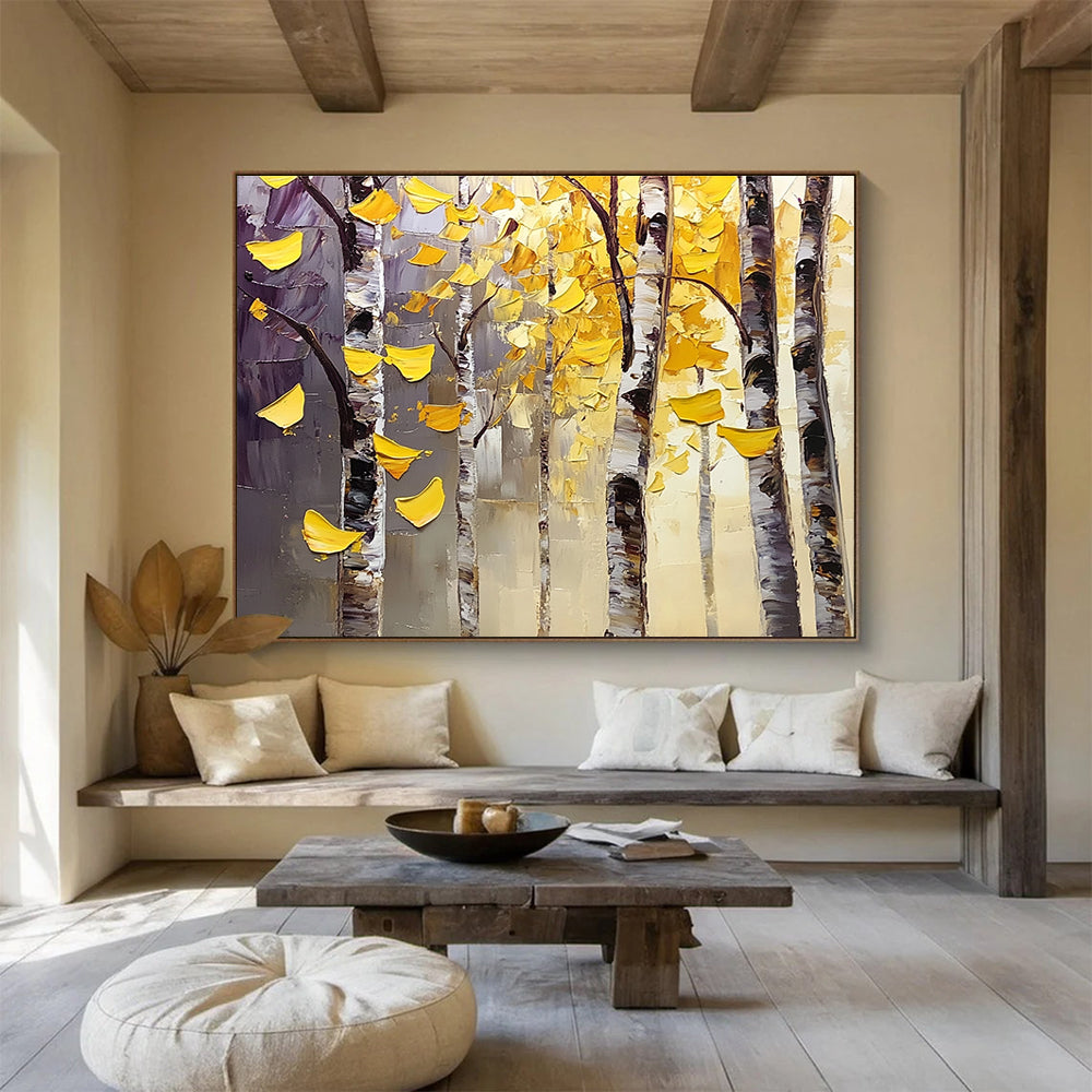 Autumn Birch Trees Abstract Painting with Yellow and Purple Tones DYP565
