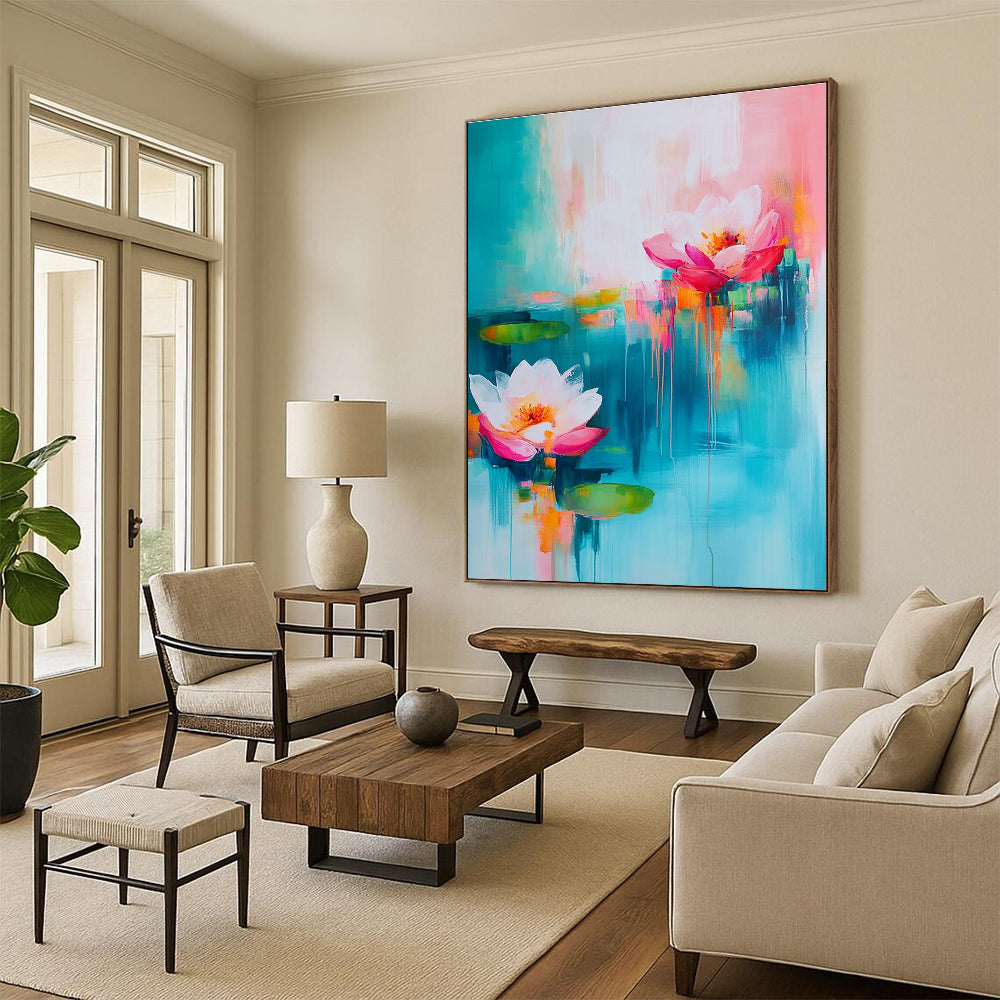 Large abstract painting with turquoise and pink hues featuring soft brush strokes of flowers and water lilies in a dreamy atmosphere.STSC052