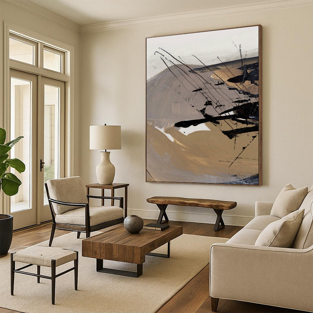 Earth - toned Abstract with Dynamic Black Lines Painting ADGE201