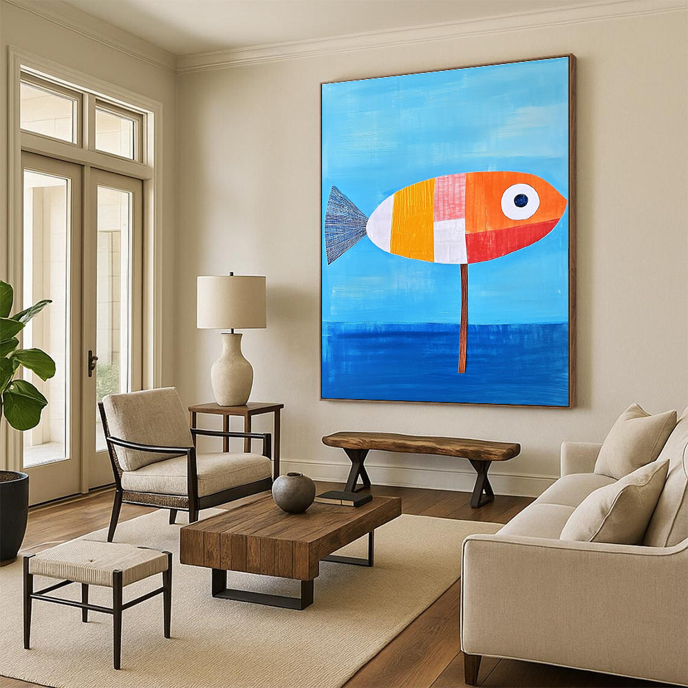 An abstract painting of a fish on blue water featuring an orange and white color scheme with simple details and a tranquil vibe.STSC996