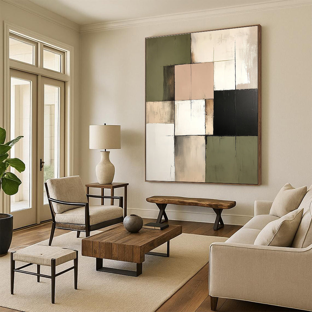 Large abstract painting in neutral tones of cream sage green and muted pink reflecting an architectural landscape feel.STSC765