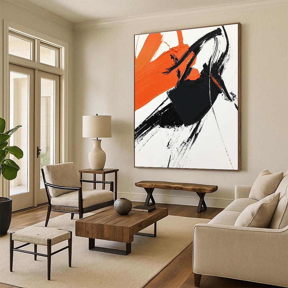 Abstract painting featuring black and orange on white paper with a cheering figure celebrating victory in a simplistic yet vibrant composition.STSC1274
