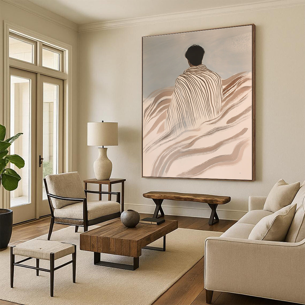 Abstract painting featuring an Asian man wrapped in striped blankets on waves with a light gray background in ink wash style.STSC1116