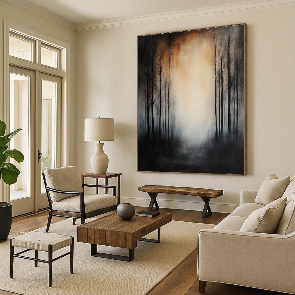 Large abstract painting featuring tall trees in a misty forest with dark gray and black tones and muted colors against a dark background.STSC195