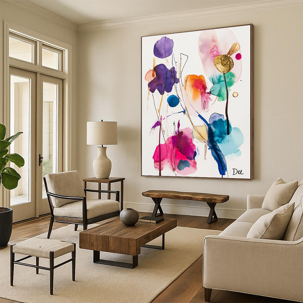 Large abstract watercolor and ink painting featuring colorful shapes and gold foil accents on a white background inspired by the style of artist Dee.STSC839